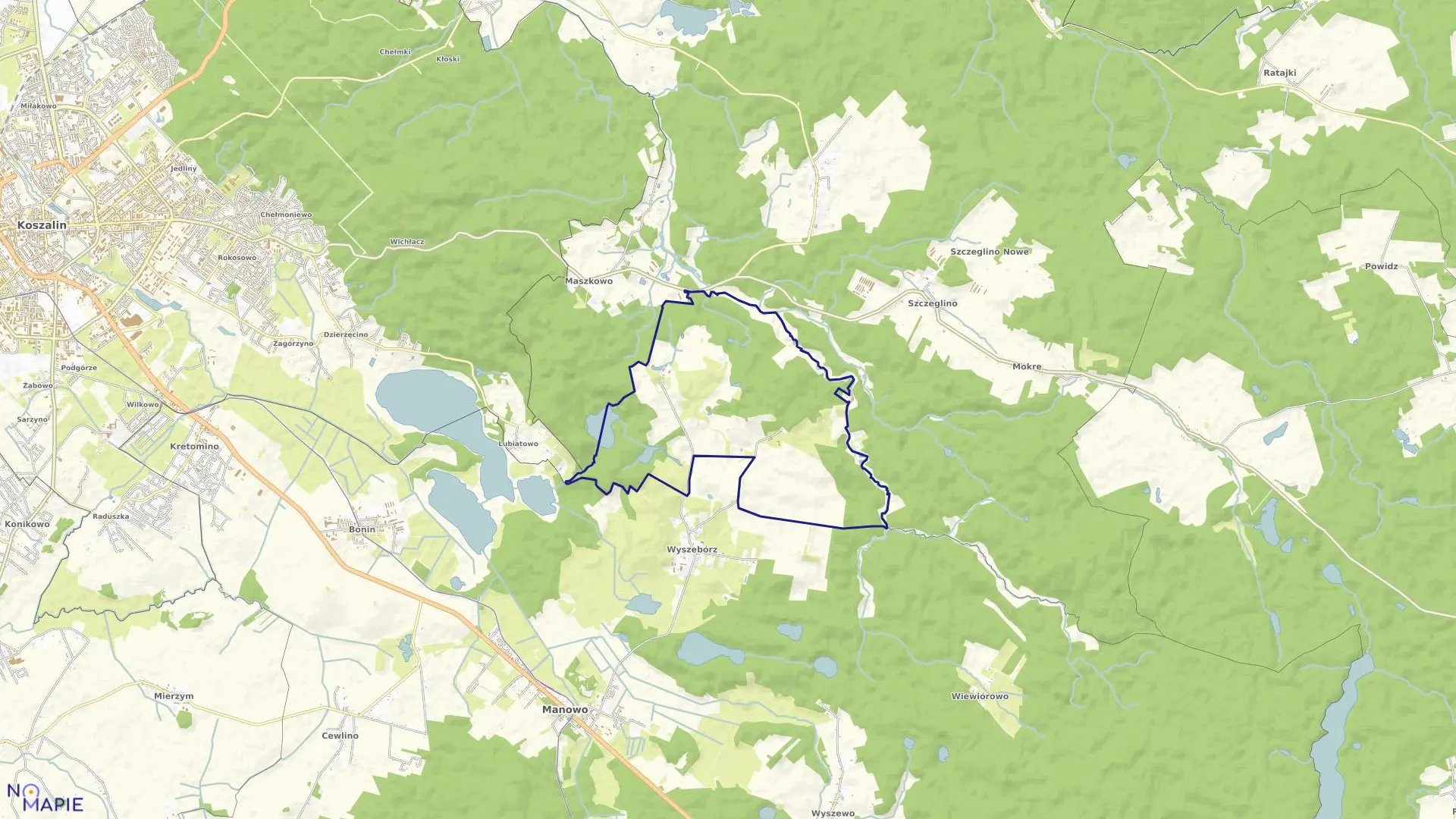 Mapa obrębu Dęborogi w gminie Manowo