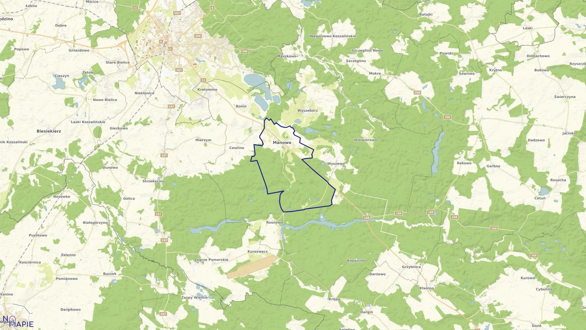 Mapa obrębu Manowo w gminie Manowo